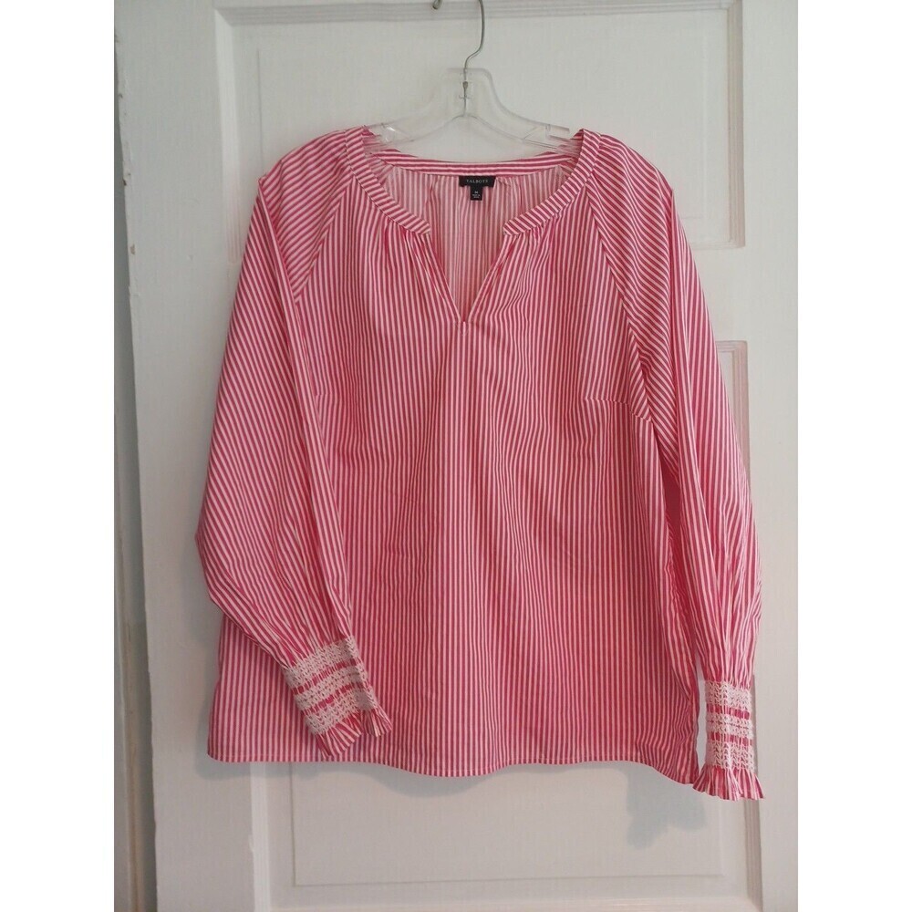 Talbots pink white stripe smocked cuff blouse M cotton popover updated preppy